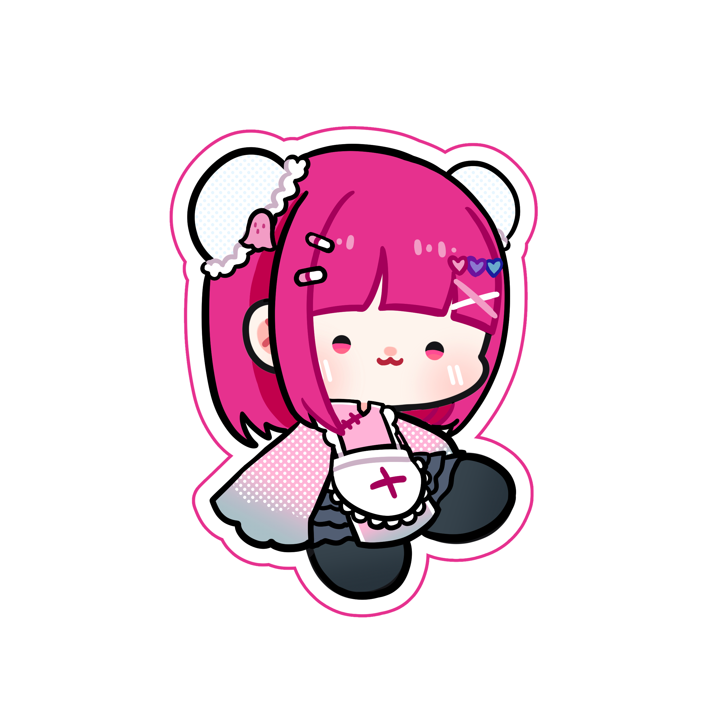 Chibi illustration of Jic sitting. They have short bright pink hair with white head buns and many hairclips. They wear a light pink cheongsam style dress and a white apron.