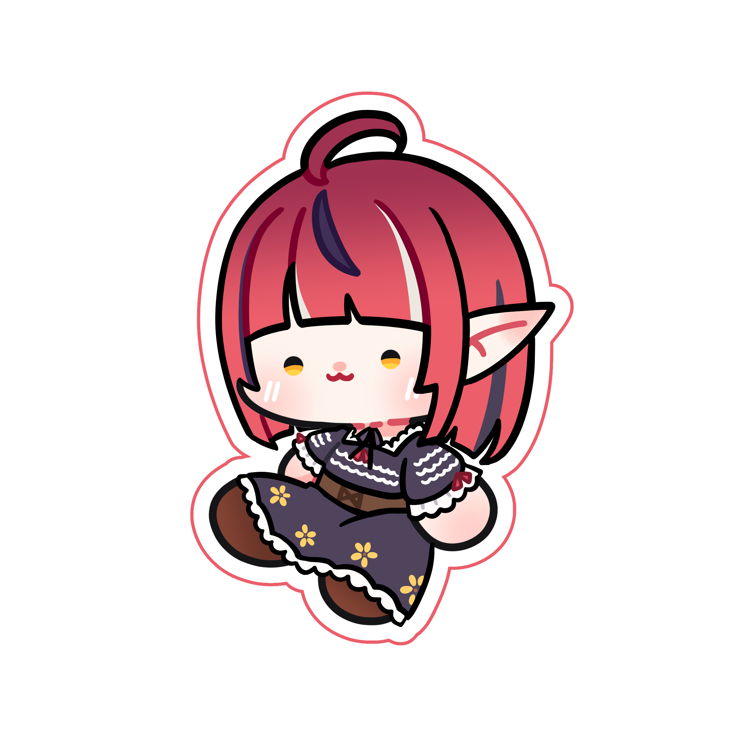 Chibi illustration of Minorin sitting. She has short red hair with a hime cut and highlights and elf ears. She wears a muted purple dress and a brown corset.