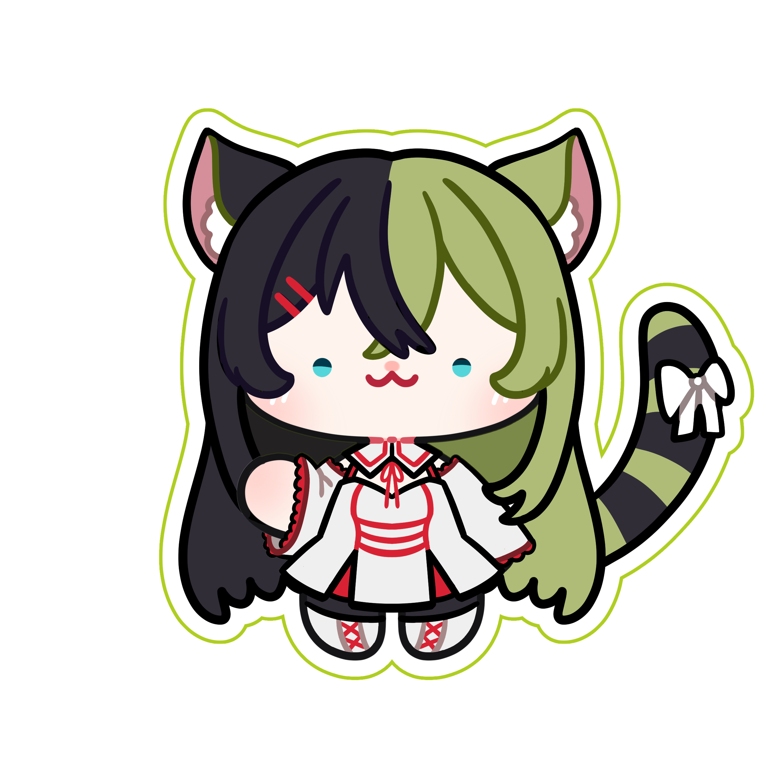 Chibi illustration of Killian standing and waving with one hand. She has long hair split dyed into black and matcha green, raccoon ears and tail. She wears a Japanese shrine maiden style dress.