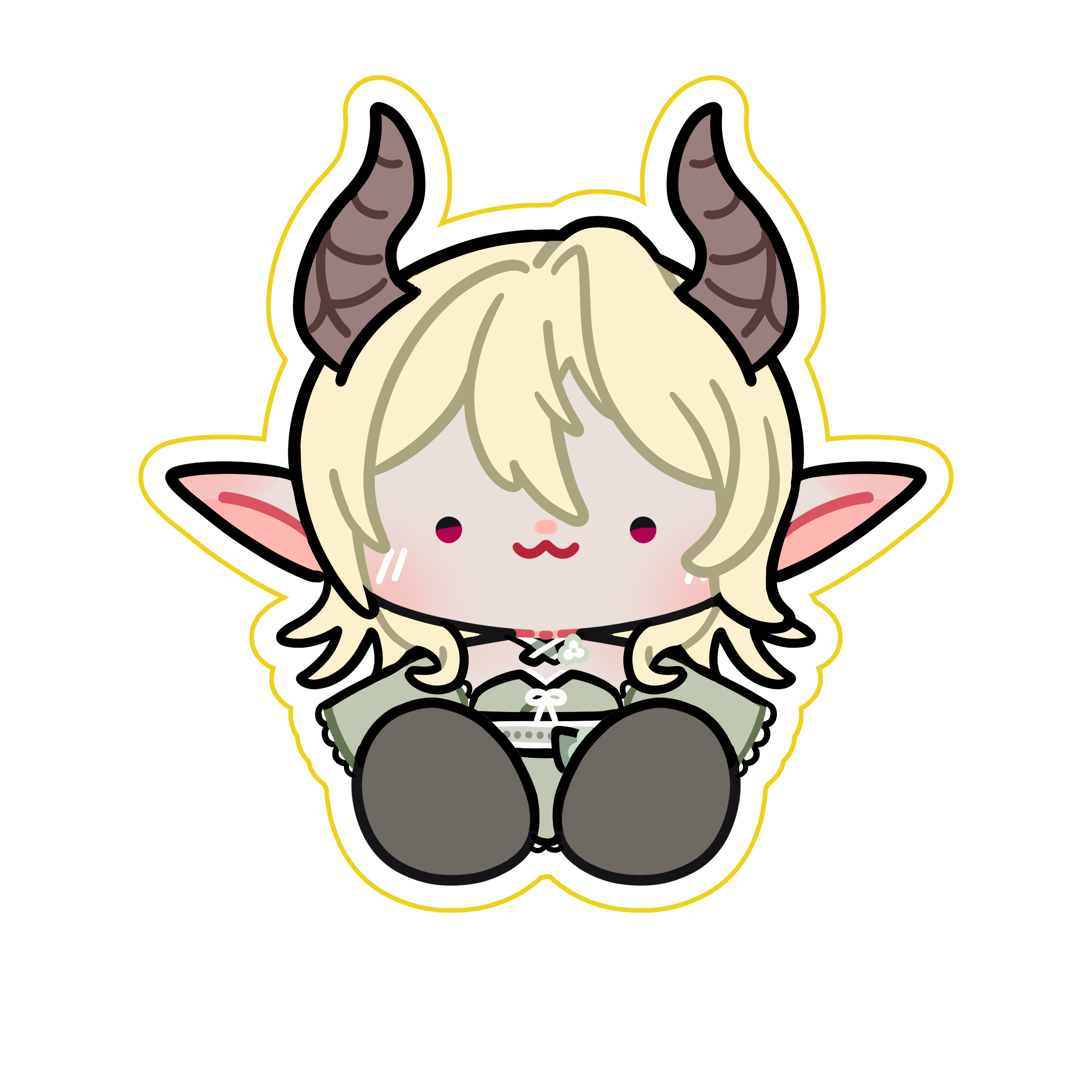 Chibi illustration of Cryptid sitting. They have a short blonde wolf cut, elf ears and bull-like horns. They wear a light green dress.
