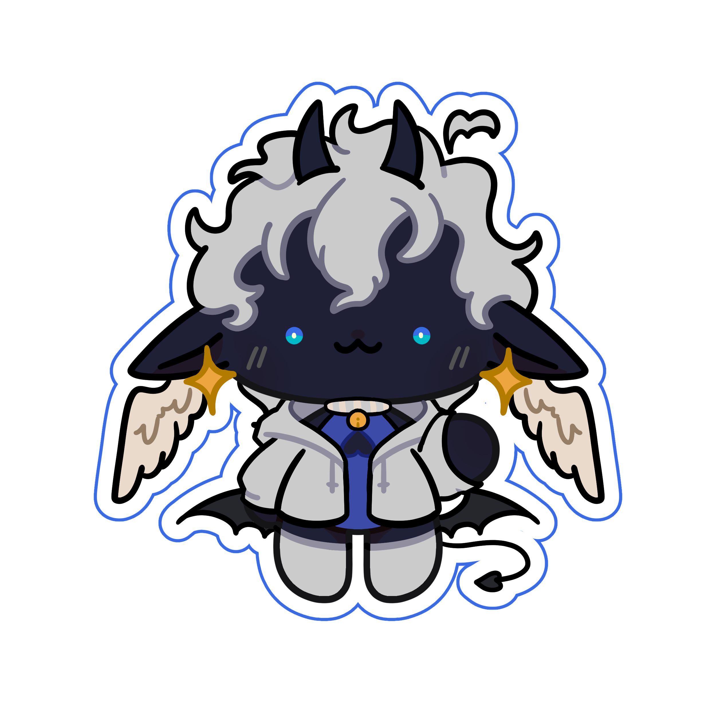 Chibi illustration of Echoe standing and waving with one hand. He has navy blue skin, curly grey hair, dark horns, elf ears and wings behind them. He wears a grey hoodie over a blue bodysuit.